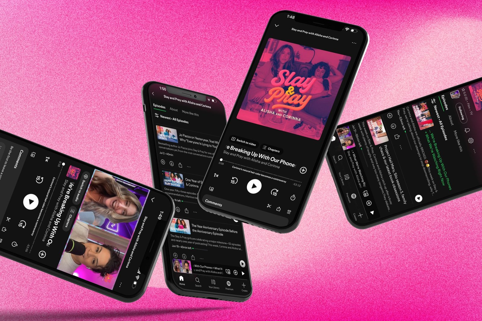 Phones playing Slay and Pray episodes on a hot pink background